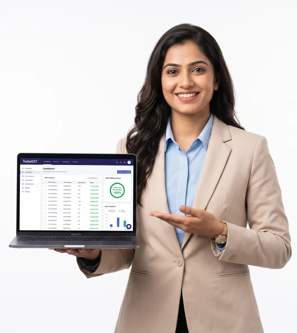 A smiling accountant presenting a TurboGST dashboard on a laptop